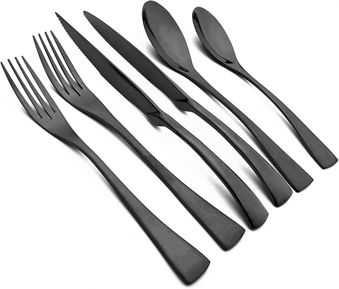 24-Piece 304 Silverware Set, Mirror Polish Serving Flatware Cutlery Set Include Steak Knife Fork Spoon, Wedding Kitchen Restaurant Utensils Daily Use, Service For 4, Black