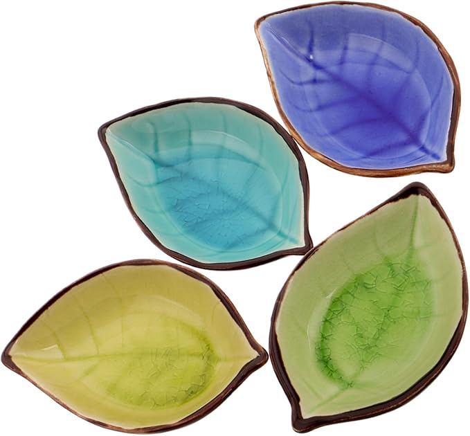 ABOOFAN 4pcs Leaf Shaped Ceramic Plates for Appetizers and Sauces Elegant Crackle Glaze Design Multi-functional Dipping Bowls for Ketchup Vinegar Sushi and Seasoning Yellow Lake Blue Green