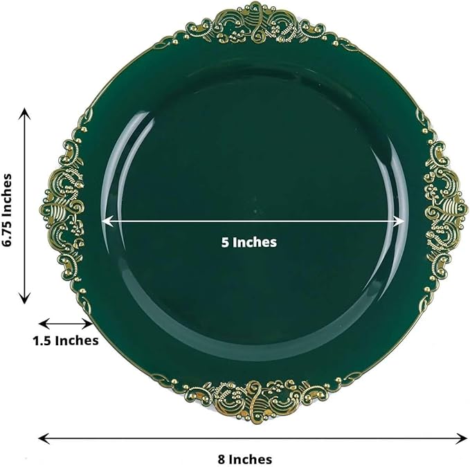 8" Salad Plates -Set of 10 - Plastic Hunter Green Round Baroque Disposable Chargers Leaf Embossed Rim, Ideal for Dinner Party Wedding Bulk Events