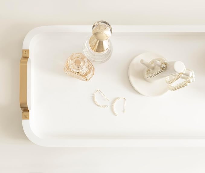 Kate and Laurel Farson Modern Decorative Wood Rectangle Tray with Handles, 10 x 24, White and Gold, Transitional Rectangular Tray for Use as Entryway Tray Decor or Ottoman Serving Tray