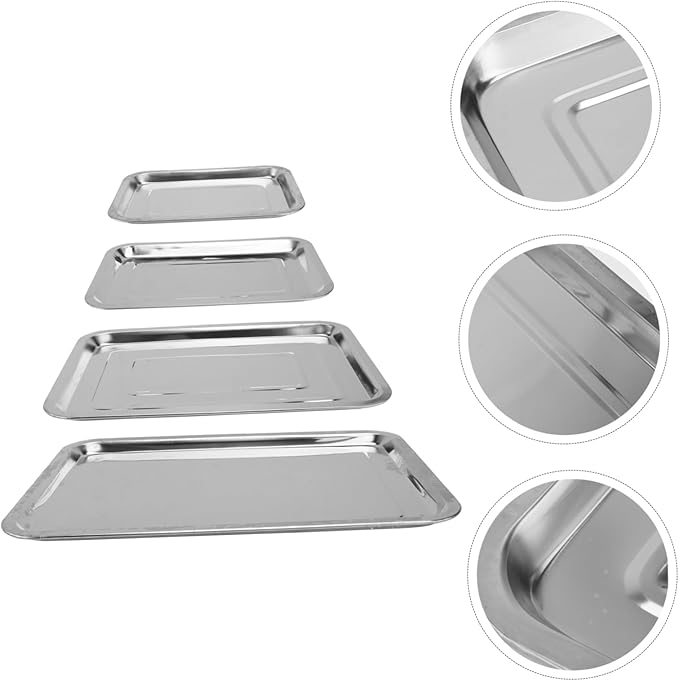 4pcs Stainless Steel Bread Tray Fruit Plate Cake Serving Plate Silver Tray for Home Dining