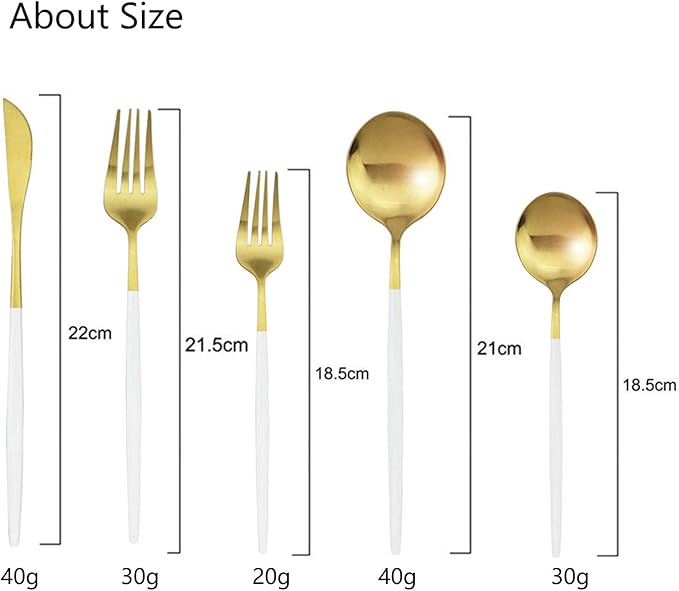 Gold Silverware Set JASHII 40 Pieces Matte Flatware Set 304 Stainless Steel Flat Cutlery Set for 8 White Handle Forks Knife Spoons Set, Satin Finish Tableware Set for Home Restaurant Dishwasher Safe