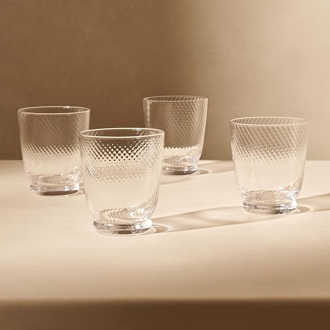 mopio Mellow Fluted Drinking Glasses Set of 4, 11.5 oz, Dishwasher Safe, Trendy Barware for Parties, Wedding & Home, Fun Aesthetic Drinkware Gift in Eco-Friendly Packaging, Soda-Lime Glass (Clear)