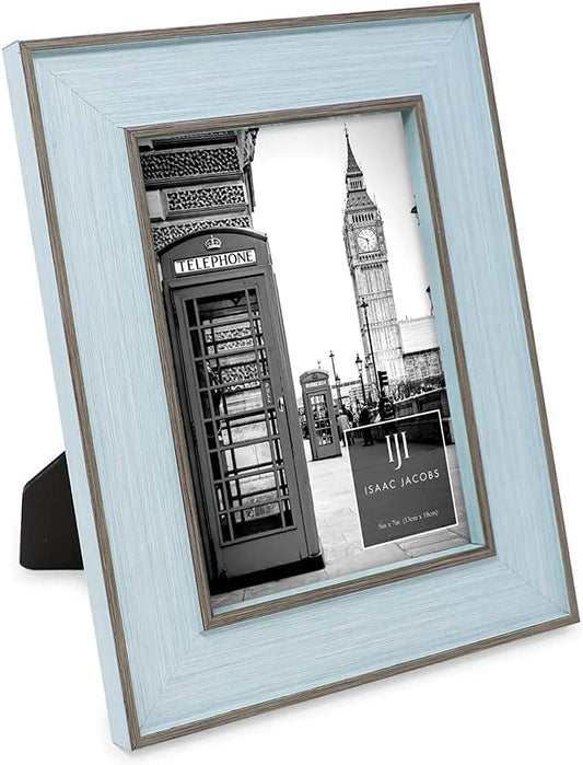 Isaac Jacobs 5x7 Blue w/Brown (Vertical & Horizontal) Double Border Picture Frame w/Black Fabric Easel, Wall-Mountable, Made for Tabletop & Gallery, Home or Office (5x7, Blue W/Brown)