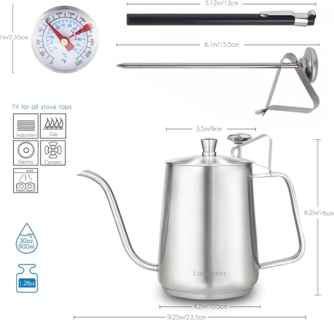 Easyworkz Gooseneck Pour Over Coffee Kettle 30 fl oz with Thermometer Stainless Steel Hand Drip Coffee Pot With Long Narrow Spout,Suitable for Induction Cookers