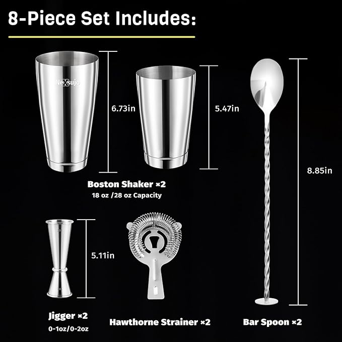 Boston Cocktail Shaker Set, 8-Piece Bar Tools Set, Professional Bar Set with Boston Shaker, Bar Spoon, Jigger, Hawthorne Strainer, Stainless Steel, Dishwasher Safe, Ideal Bartender Kit for Bar