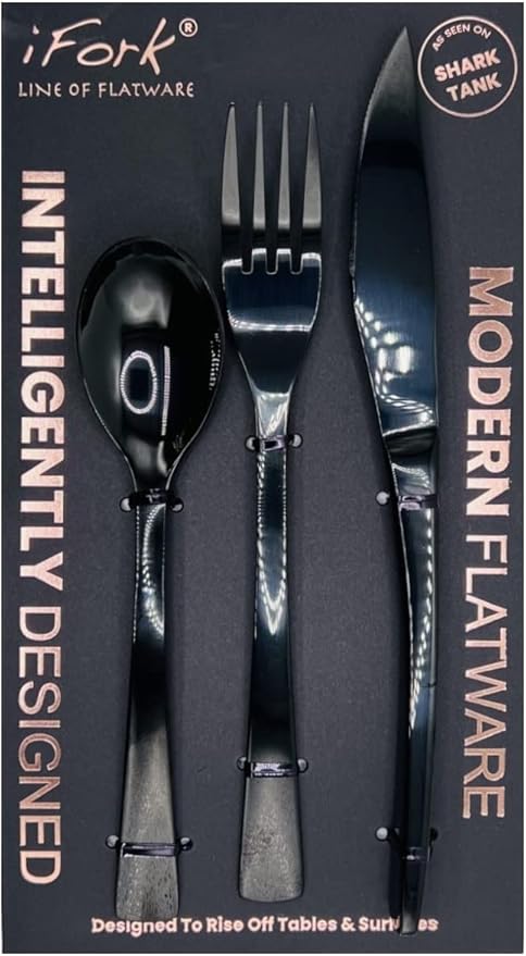 iFork BLK Collection Stainless Steel Flatware Serving Set Rises Off Tables and Surfaces. Elegant Handmade Tableware/Silverware for Home Kitchens and Restaurants | 6 Pieces iFork iSpoon iKnife Utensils