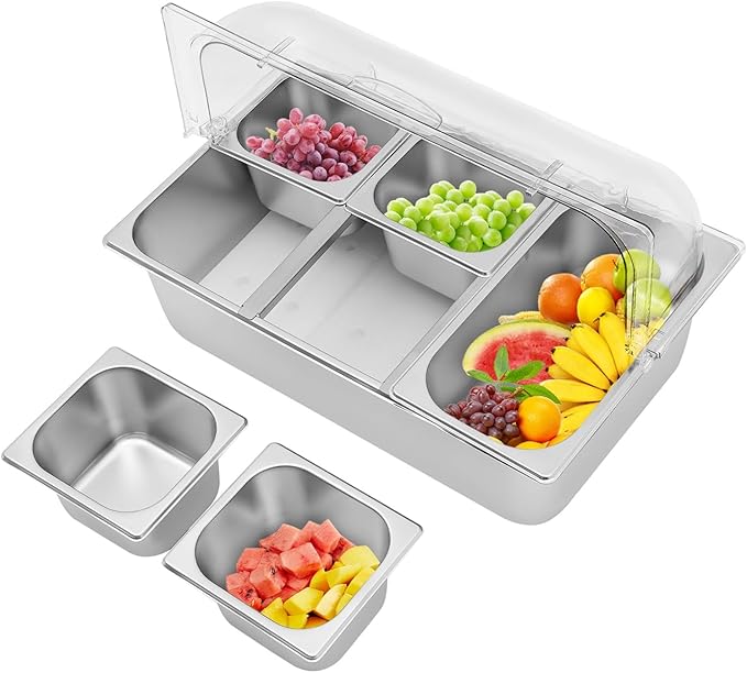 5 Pans Countertop Food Serving Display Container, Stainless Steel Flip-Top Fruit Tray with Clear Roll Top Cover, Buffet Chilled Condiment Container for Restaurant Hotel Kitchen