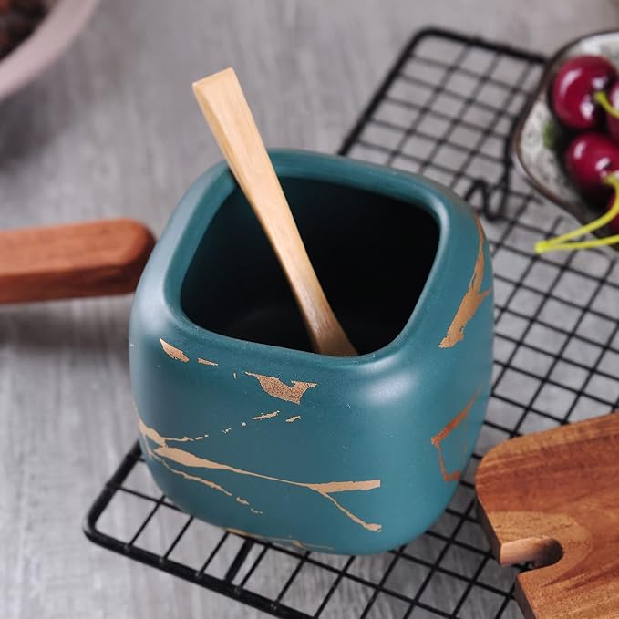 VanEnjoy Decorative Marble Inlay Glaze Ceramic Sugar Spice Containers Porcelain Jar with Bamboo Lid and Spoon Condiment Jar for Home