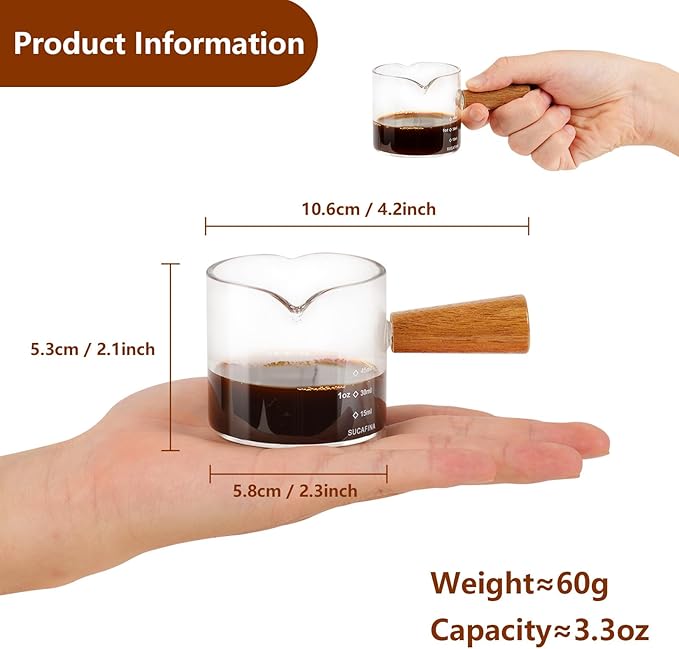 YARRAMATE 2.5 oz/75ML Espresso Cups with Wood Handle, Clear Glass Espresso Accessories, Double Spout Measuring Cup with Dual Scale, Espresso Shot Glass with V-Shaped Spout, Dishwasher Safe