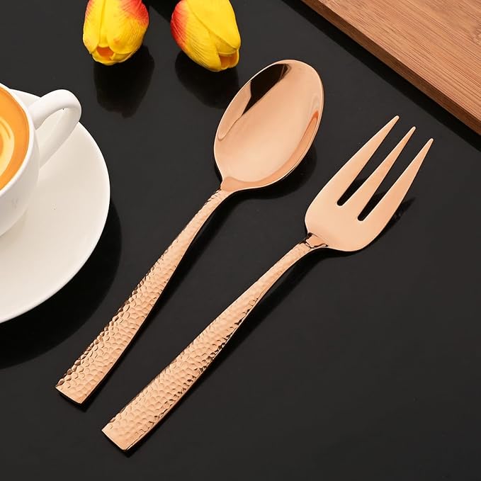 JASHII 5-Piece Rose Gold Hammered Flatware Hostess Set Stainless Steel Serving Fork Slotted Serving Spoon Butter Knife Teaspoon Set for Buffet Party Mirror Polished Dishwasher Safe
