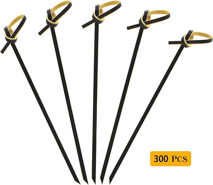 300pcs 4.7 IN Bamboo Cocktail Picks with Looped Knot,Nature Color,for Cocktail Party, Barbeque, Club Sandwiches (black-300pcs)