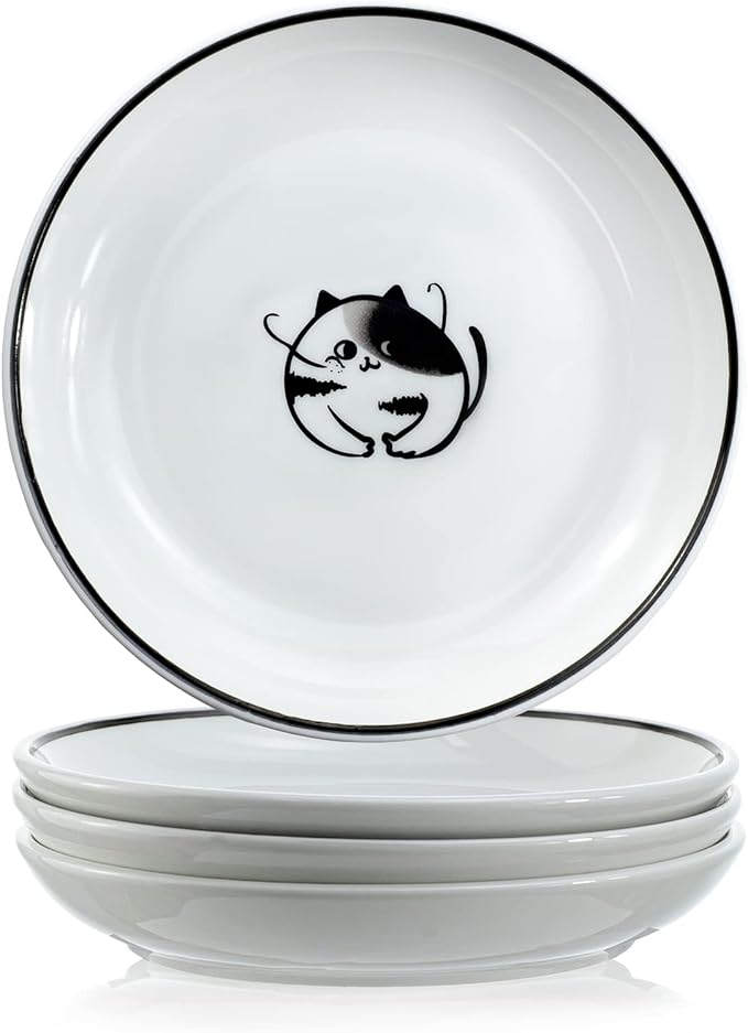 SOCOSY Cute Cartoon Dog Ceramic Seasoning Dishes Sauce Dish Sushi Dipping Bowl Appetizer Plates Tea Bag Holder Serving Dish for Kitchen 5'' (Cat)