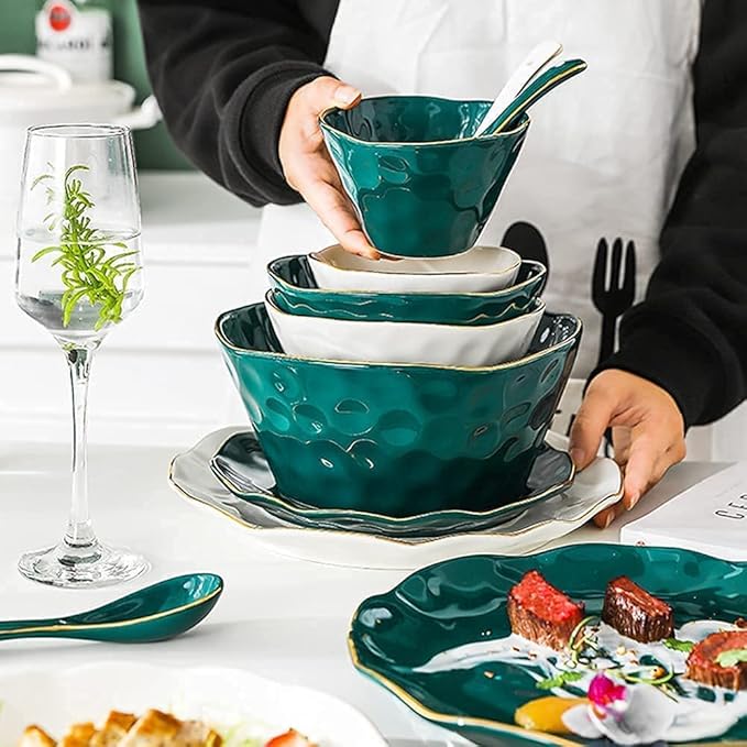 Dinnerware Set Dinner Party Tableware Service Set Nordic Minimalist Style Plate and Bowl Sets, Green and White Mixed Ceramic Dishware Sets, Irregular Underglaze Kitchen Plate Set