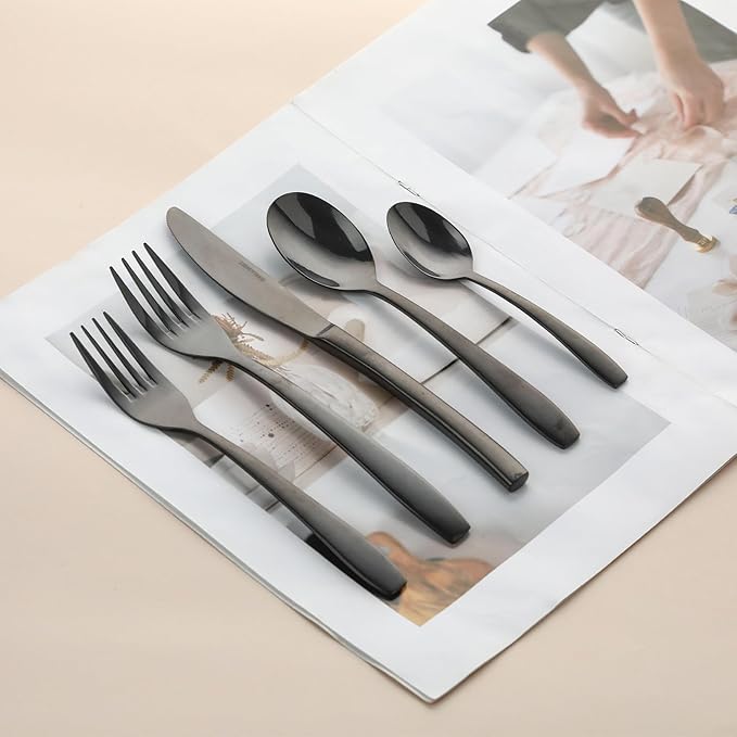 Black 40 Piece Silverware Set,Stainless Steel Flatware Set for 8,18/0 Rust-Proof Cutlery Set with Forks & Spoons,Mirror Polished Dishwasher Safe - Heavy Duty Tableware for Home & Dining
