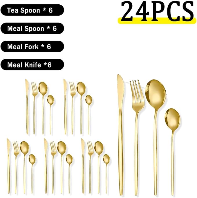 Serving Set Stainless Steel Tableware for 24 PCS, Mirror Polished, Slim Handle Serving Set for 6 for Formal Events, Parties, Food Barbeque, Dishwasher Safe(Gold,B)
