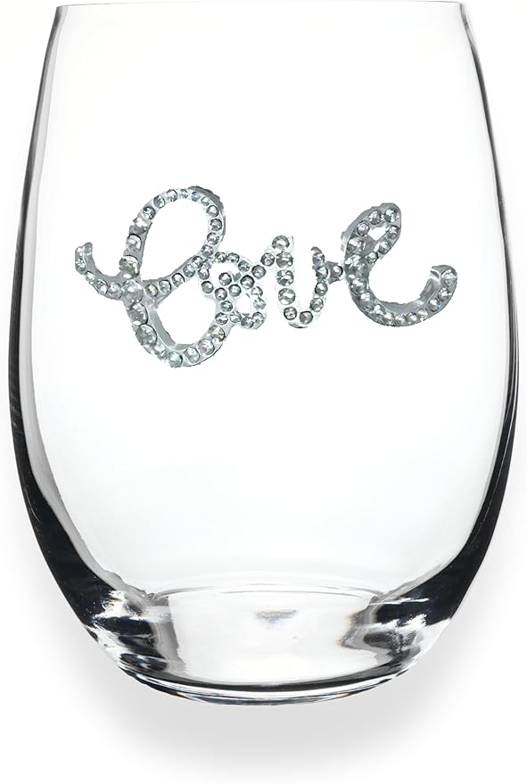 THE QUEENS' JEWELS Love Jeweled Stemless Wine Glass, 21 oz. - Unique Gift for Women, Birthday, Cute, Fun, Not Painted, Decorated, Bling, Bedazzled, Rhinestone