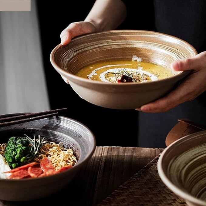 SONGCHAO Party Supplies Dish Plate Ceramic Vegetable Salad Plate Round Retro Tableware Salad Bowls Dinner Plate Restaurant Creative Noodle Ramen Bowls Soup Basins Party Plates (Color : B 9 inch)