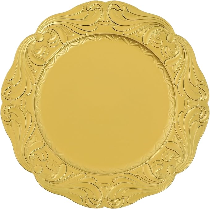 100 Pcs Antique Charger Plates Bulk Round Plastic Dinner Plate Embossed Rim Server Plate Decorative Chargers Floral Plates for Dinner Parties Wedding,13 Inch (100pcs-gold3)