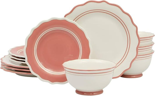 12-Piece Ceramic Dinnerware Set – 4 Dinner Plates, 4 Salad Plates, 4 Bowls, Purple and White Modern Tableware, Dishwasher & Microwave Safe (Coral)