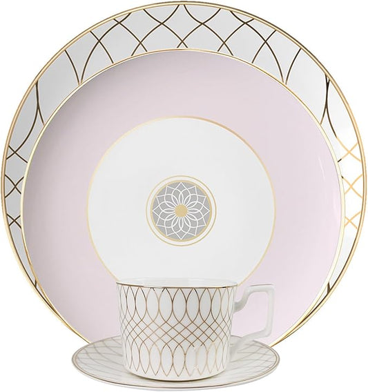 gold trim dinnerware set service for 4, 16 pieces pink and white ceramic plate set, luxury bone china dishes sets for wedding, anniversary, fine dining present