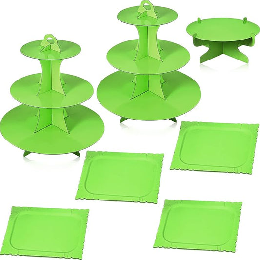 Zopeal 7 Pcs Dessert Table Display Set 3-Tier Cupcake Stand 1-Tier Cup Cake Display Tower Platters and Serving Trays Cardboard Cake Cookie Holders for Wedding Birthday Party Baby Shower(Green)