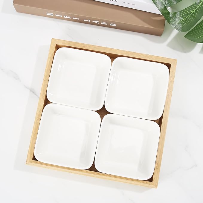 Ceramic Snack Bowls with Bamboo Tray Set,Divided Serving Bowls and Platters for Hosting & Party,Removable Serving Dishes for Chips and Dip,Fruit,Veggies,Candy and Snacks Kitchen Decor (4)