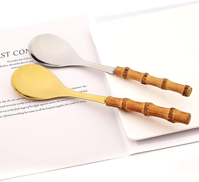 4PCS Serving Spoon, 18/10 Stianless Steel Silver Resuable Serving Utensils With Bamboo Handle, Buffet Banquet Dinner Spoons, 10-inch