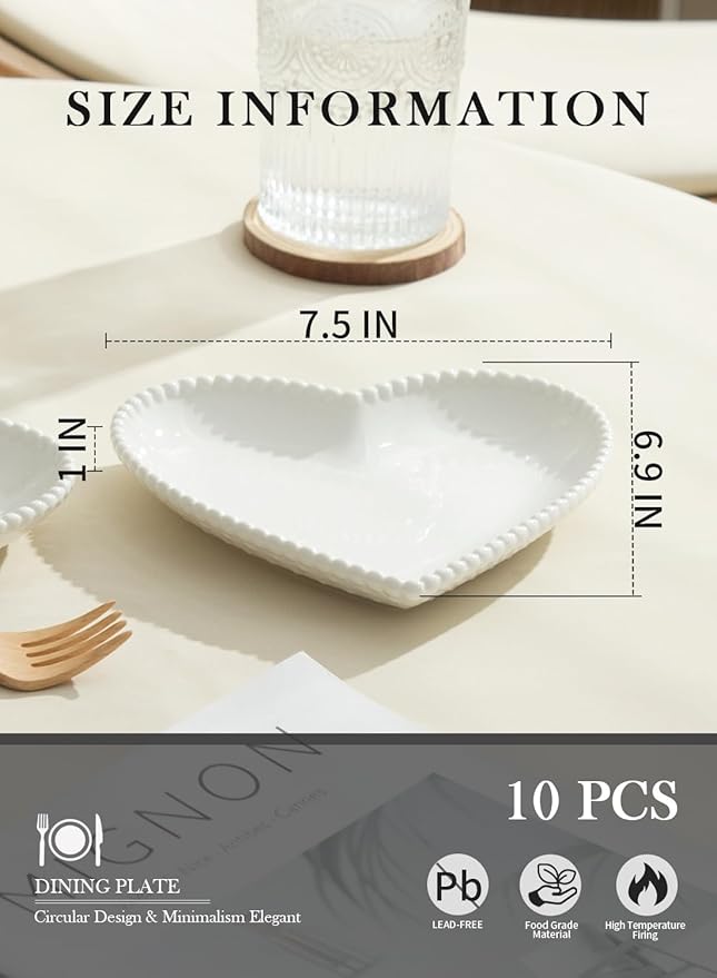OMAYKEY 7.5 Inch Ceramic Dessert Plates Set of 10, Porcelain Salad Plates, Heart Shaped Appetizer Plates, Small Dinner Plates for Cake, Snack, Ice Cream, Microwave, Oven, Dishwasher Safe, White