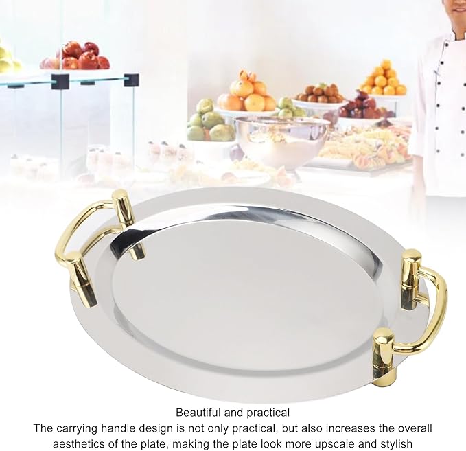 Stainless Steel Serving Tray, Multifunction Portable Metal Serving Tray with Handle, Buffet Serving Snack Tray for Coffee, Desserts, Cakes, (Rectangle Shape with