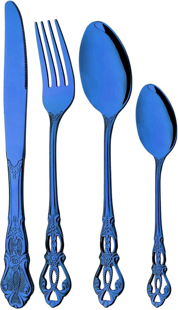 8-Piece Luxury Royal Silverware Set, 18/10 Stainless Steel Blue Flatware Set Service for 2, Tableware Cutlery Set Includes Forks Spoons Knives, Modern Design & Mirror Polished - Dishwasher Safe