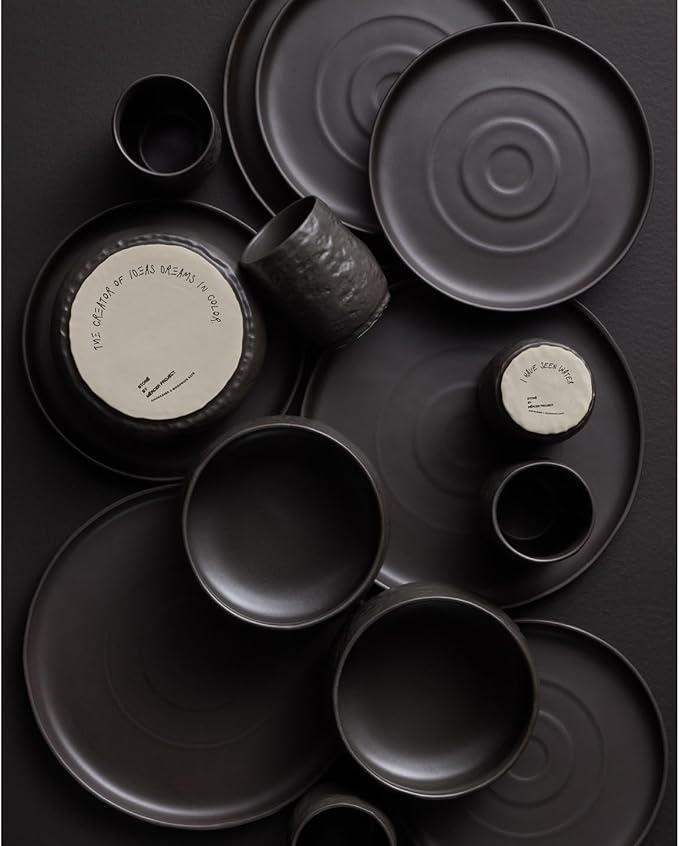 Stone by Mercer Project SHOSAI 16-Piece Stoneware Dinnerware Set, Plates and Bowls Set, Modern Dishware set fo 4, Black