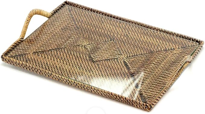 Metr Calaisio, Small Woven Serving Tray with Handles, and Removable Glass Bottom Insert, 13.25"" x 9.5"", PF5S+GL