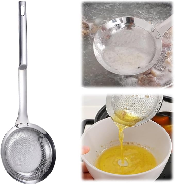 Fine Mesh Stainless Steel Colander Spoon,2025 New Extra Fine Mesh Strainer with Handle,304 Stainless Steel Skimmer Spoon Kitchen Gadget for Filte Grease Foam (1, B Style, Large)