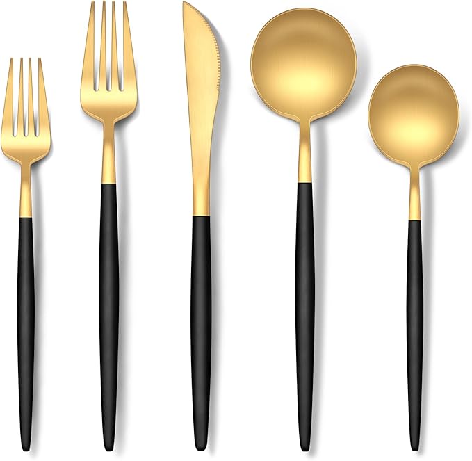 Stapava 20-Piece Matte Black Gold Silverware Set, Stainless Steel Gold Utensils Cutlery Set, Satin Finish Flatware for 4, Include Forks Spoons and Knives Set for Home and Restaurant, Dishwasher Safe