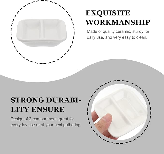 2Pcs 3inch White Ceramic Appetizer Plates, 2-Compartment Serving Platter Tray, Soy Dipping Sauce Dishes, Rectangular Divided Dish for Home Hotel Restaurant Kitchen