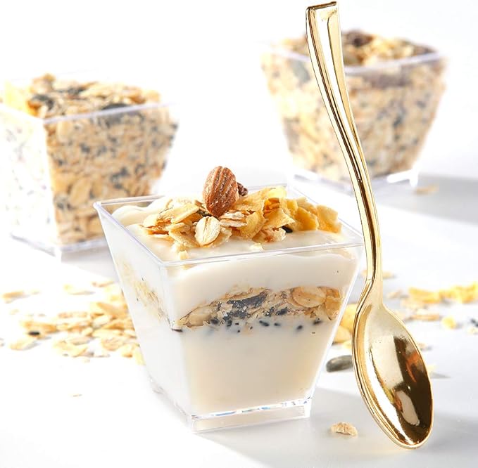 supernal 2oz Square Plastic Mini Dessert Cups with Gold Spoons,Parfait Appetizer Cup,100pcs Cups,100pcs Gold Spoons,Perfect for Birthday,Party,Wedding