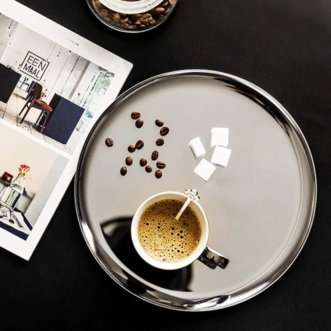 Stainless Steel Round Tray Tea Plate Serving Tray for Home Coffee Shop 28cm Silver