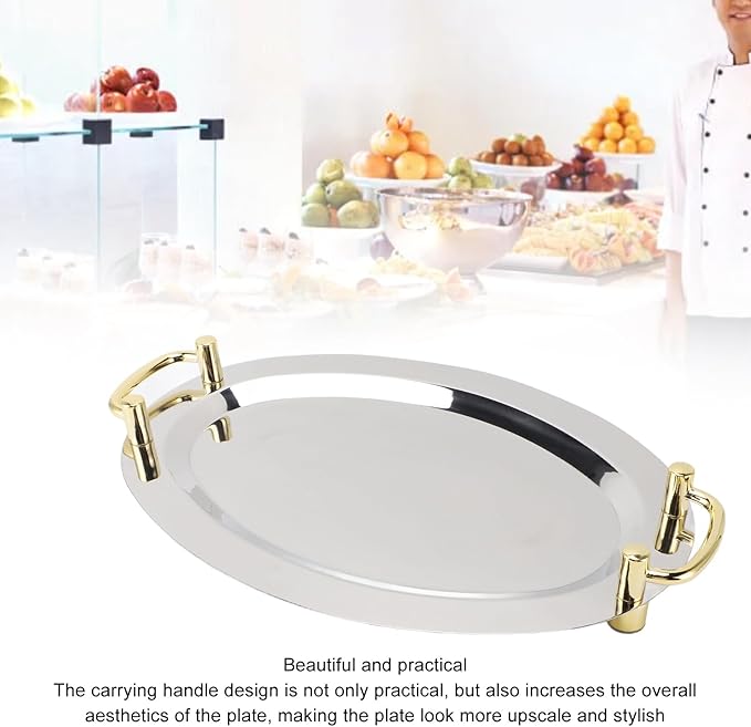 Stainless Steel Serving Tray, Multifunction Portable Metal Serving Tray with Handle, Buffet Serving Snack Tray for Coffee, Desserts, Cakes, (Round Shape with Gold
