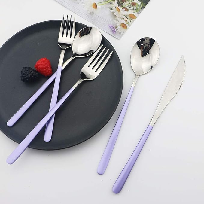 JASHII SUS304 Stainless Steel Flatware Cutlery Set For Home Kitchen Restaurant Hotel, Mirror Polished, 20-Piece Silverware Set for 4, Dishwasher Safe(Purple silver)