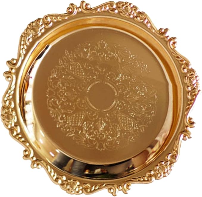 Round Fruit Plate, Metal Food Serving Tray Vintage Round Fruits Serving Platter Plates, Fruit Tray Dessert Cake Decorative Disk for Cakes, Desserts, and Baked Goods Wedding Party(Golden)