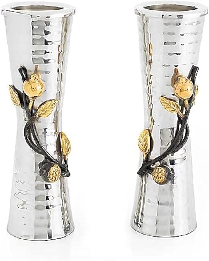 Yair Emanuel Shabbat Candle Holders for Tea-Lights - Pomegranate Branch Accent Decor - Jewish Judaica Gift (7 Inch CSZ-1)