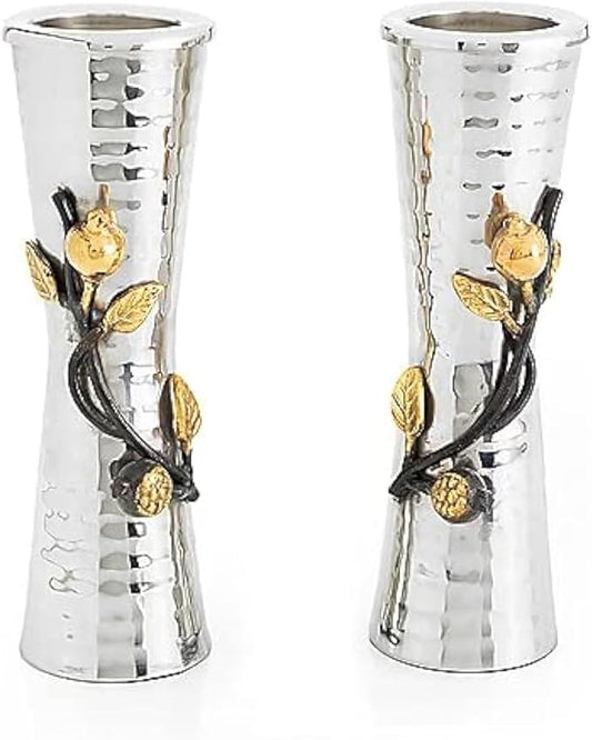 Yair Emanuel Shabbat Candle Holders for Tea-Lights - Pomegranate Branch Accent Decor - Jewish Judaica Gift (7 Inch CSZ-1)