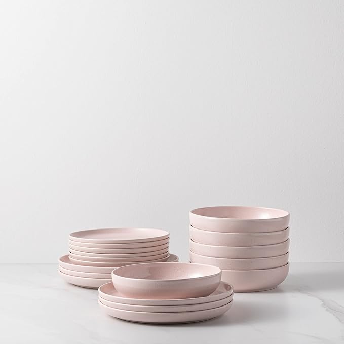 Casafina Ceramic Stoneware 18-Piece Place Setting Service for 6 with Pasta Bowls - Pacifica Collection, Marshmallow Pink | Microwave & Dishwasher Safe Dinnerware Set | Restaurant Quality Tableware