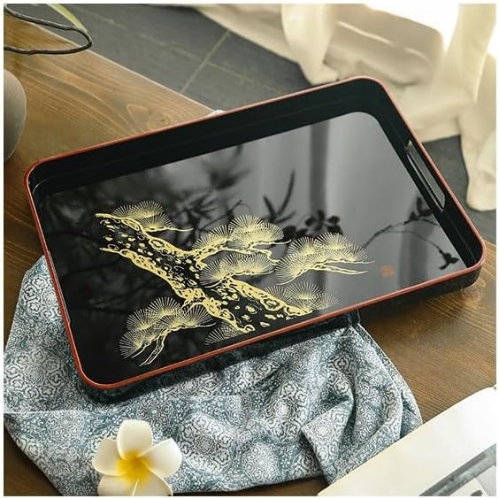 SABALON Foodtray Front Heavy Lacquerware Long Hand Tray Japanese Style Hand-Painted Fruit Wedding Housewarming Gift Tea Dining Serving(A)