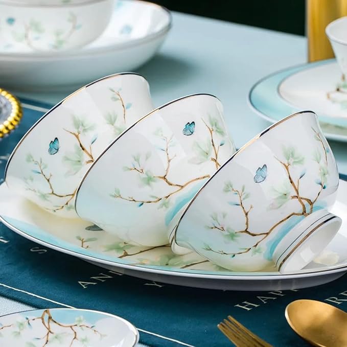 60 Pieces Bone China Dinnerware Set White Magnolia Blossom Pattern Chinese Ceramic Bowl Dish Plate and Disk Set