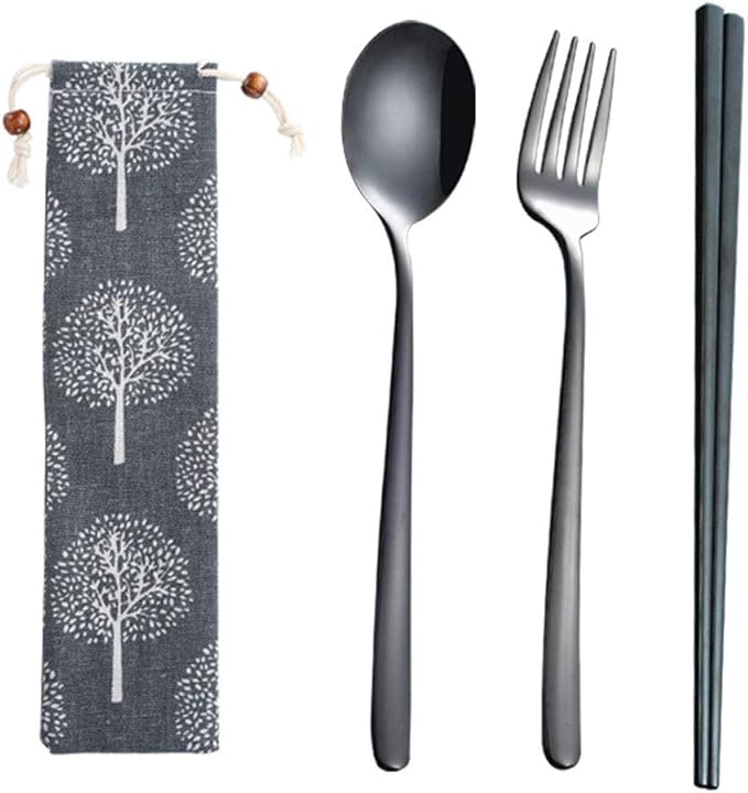 3pcs/6pcs Set Cutlery Dinnerware 304 Stainless Steel Flatware Set Tableware Dinner Spoon Fork Chopsticks Sucker Flatware Serving Sets (Black - 3pcs)