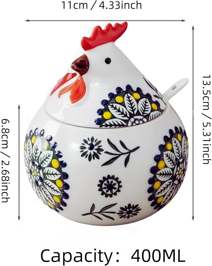 Ceramic Salt Cellar with Lid and Spoon | 13.5OZ Large Chicken Salt Container | Salt and Pepper Containers for Countertop | Sugar Bowl Salt Holder Candy Jar Box for Counter Home Chicken Decor (Green)