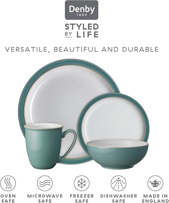 Denby - Elements Fern Green Dinner Set For 1-4 Piece Ceramic Tableware - Dishwasher Microwave Safe Crockery Single Place Setting - 1 x Dinner Plate, 1 x Small Plate, 1 x Cereal Bowl, 1 x Coffee Mug