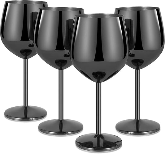 Lifecapido Stainless Steel Wine Glasses Set of 4, 18oz Stainless Steel Wine Goblets, Stemmed Metal Wine Glasses with Cup Brush for Party Office Anniversary, Great for Red White Wine (Grey Black)